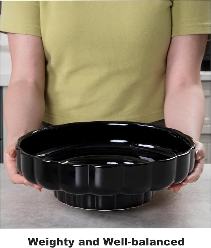 Nucookery Ceramic Petal Fruit Bowl for Kitchen Counter, 11 Inch Modern Decorative Bowl, Elegant Fruit & Vegetable Storage Container, Large Bread Basket, Black