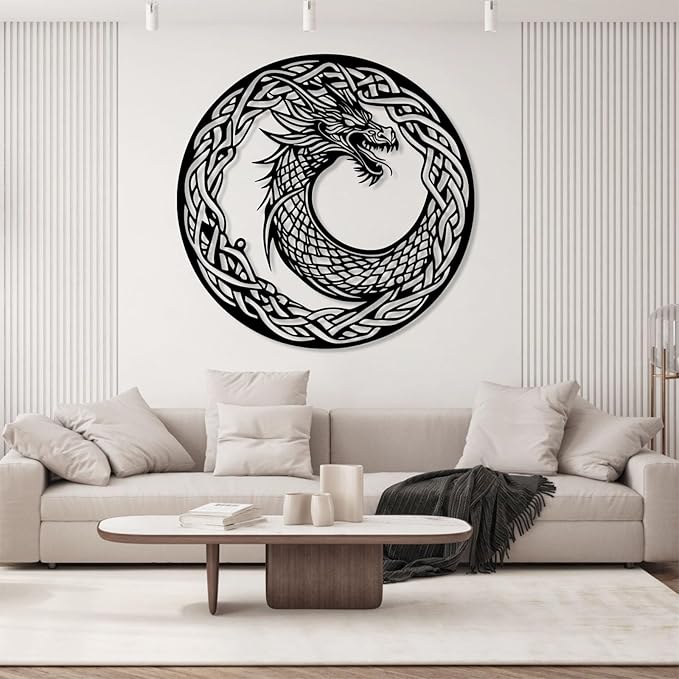 Viking Ouroboros Metal Wall Art, Viking Metal Wall Decor, Celtic Knot Wall Hanging, Nordic Dragon Decor, Scandinavian Sign, Vegvisir Art, Norse Mythology Home Decor (Silver, 19"x19"|47x47cm)