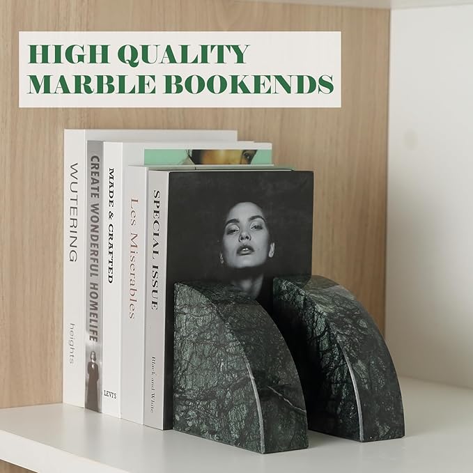 Marble Bookend for Shelves, Non-Skid Bookends for Heavy Books, Heavy Duty Book Stopper for CDs, Luxury Book Shelf Holder, Quarter Circle Design Book Ends Decorative, Indian Green, Set of 2