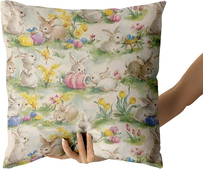Giwawa Easter Throw Pillow Covers Set of 2 Vintage Bunny Egg Hunt Pillowcases 18x18inch Farmhouse Spring Rabbit Floral Double Sided Cotton Cushion Covers for Sofa Couch Chair Patio Bedroom Decor