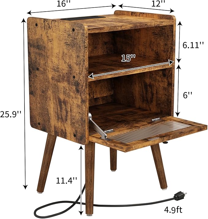Mid Century Modern Nightstand with Charging Station, Bedside Tables with Glass Door, End Table Side Table with 2 Tiers Storage Space, for Bedroom, Living Room, Brown