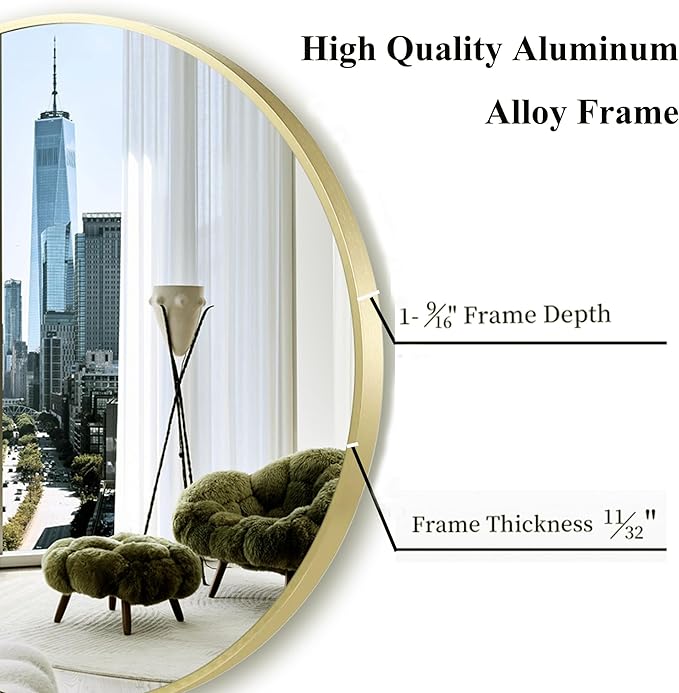 28 inch Gold Frame Mirror for Wall, Brushed Matte Gold Metal Round Mirror for Bathroom Vanity, Bedroom Decor, Living Room, Entryway