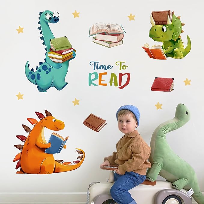 Yovkky Reading Dinosaur Wall Decals Stickers, Time to Read Dino Book Corner Baby Toddler Nursery Classroom Library Decor, Positive Quote Home Decorations Kids Bedroom Study Room Reading Nook Art