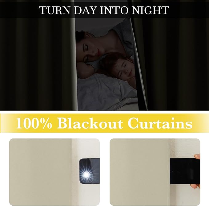 NICETOWN 100% Blackout Muted Beige Curtains 84 inches Long, Grommet Energy Saving Thermal Insulated Window Treatments Lightweight for Bedroom/Home Office, W52 x L84, 2 Panels