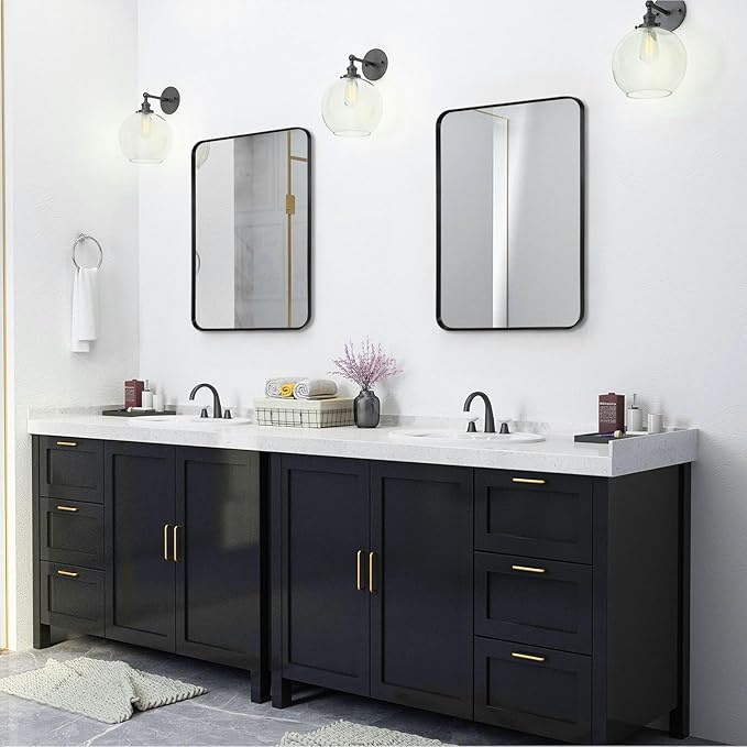 Wall Mount Mirror for Bathroom, Brush Black Metal Framed Rounded Corner Rectangular Vanity Mirror (20" x 30", Black)