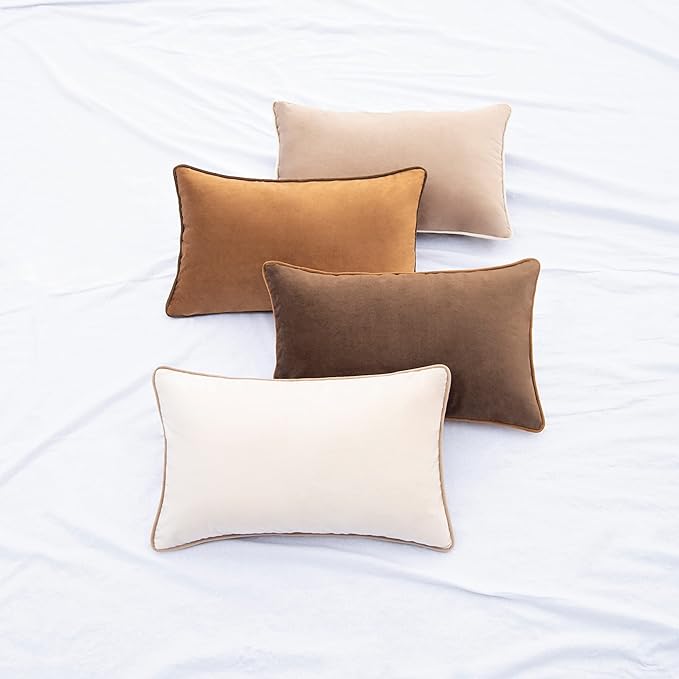 MONDAY MOOSE Decorative Throw Pillow Covers Cushion Cases, Set of 4 Soft Velvet Modern Double-Sided Designs, Mix and Match for Home Decor, Pillow Inserts Not Included (12x20 inch, Brown/Beige)