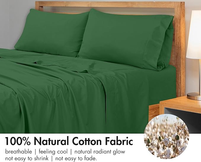 Royale Linens 300 Thread Count 100% Long Staple Combed Cotton Flat Sheet - Super Soft- Top Sheets- Twin Flat Sheet Sold Separately - Breathable, Cool & Crisp Percale Sheets Only (Twin, Hunter Green)