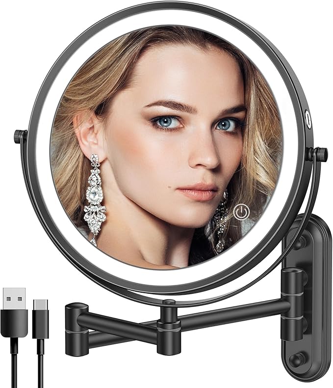 Rocollos Rechargeable Lighted Wall Mounted Makeup Mirror with 3 Color Lights,Dimmable Touch Screen,8 Inch LED Double Sided 1X/10X Magnifying 360°Flexible 13 Inch Retractable