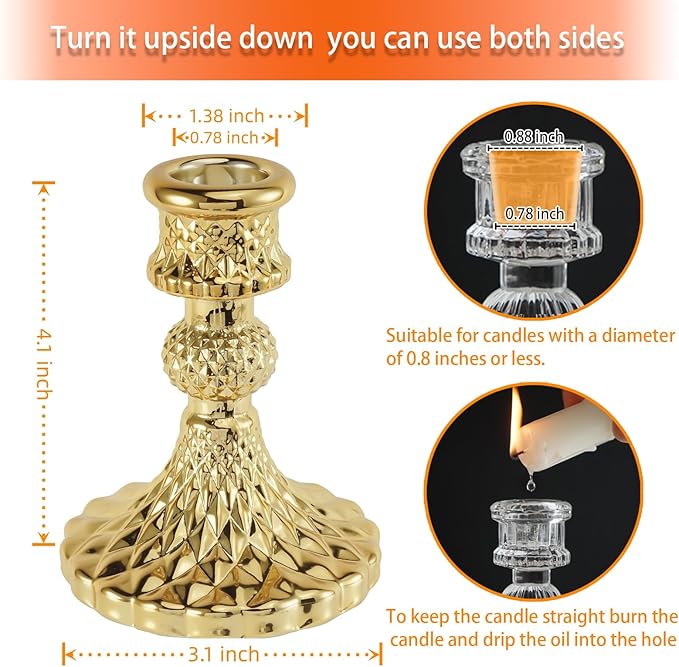 Glass Candlestick Holder,Striped Taper Candle Holders,Set of 6 Candle Stand for Table Centerpieces, Home Decor,Weddings,Festival and Parties (Gold Diamond)