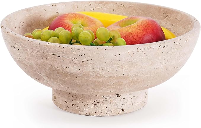 Marble Fruit Bowl 10 Inch Handmade Travertine Large Decorative Bowl for Home and Kitchen Counter - Modern Candy Bowl, Pedestal Bowls for Dining, Coffee Table Centerpiece & Entryway Decor