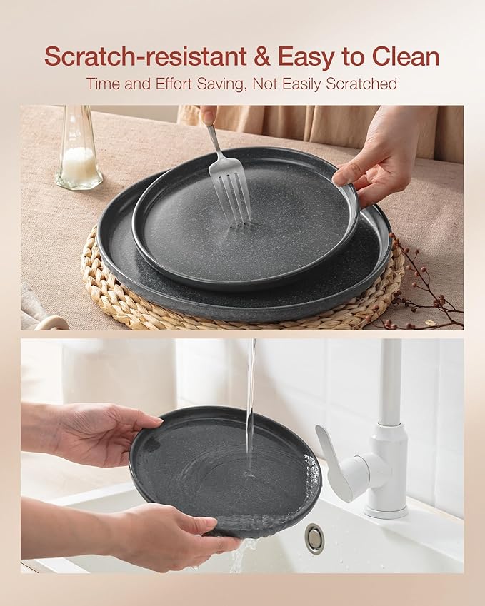 Famiware Milkyway Stoneware Dinnerware Sets with Pasta Bowls, Service for 4 (16 Pieces), Reactive Glaze Plates and Bowls Sets, Microwave and Dishwasher Safe Dishes Set, Matte Dark Charcoal