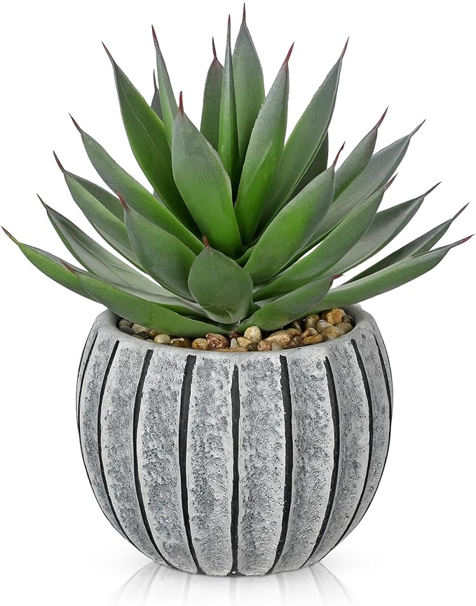 Briful Artificial Aloe Succulent Plant in Aged Cement-Look Ceramic Pot – 8" Tall Faux Agave Plant with Decorative Pebbles – Realistic Desk or Shelf Decor for Home, Office, Bathroom