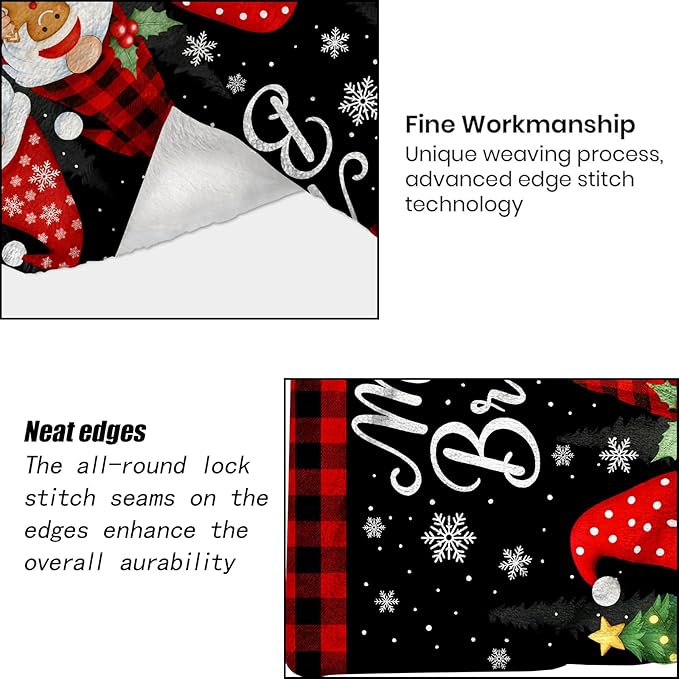 Gnome Christmas Decorative Throw Blanket, Merry Bright Red Black Plaid Gingerbread Print Decoration, Flannel Winter Blankets for Couch Sofa, Holiday Home Decor, Xmas Festival Gifts 50x60 Inch