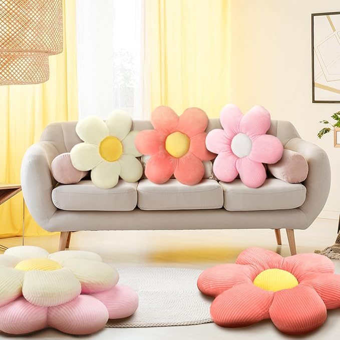 Sratte 3 Pcs Flower Pillows Flower Shaped Throw Pillow Cute Daisy Pillow Seating Cushions for Adults Home Bedroom Sofa Chair Couch Decor(Vivid Colors,16")