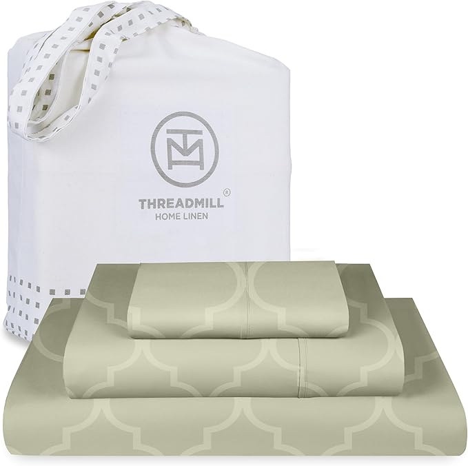 Threadmill Cotton Twin Sheet Set | 100% Cotton Sheets for Twin Size Bed | Damask Jacquard Sateen Twin Bed Sheets Set with 16” Deep Pocket | Soft Breathable 3-Piece Cooling Sheet Set | Sage