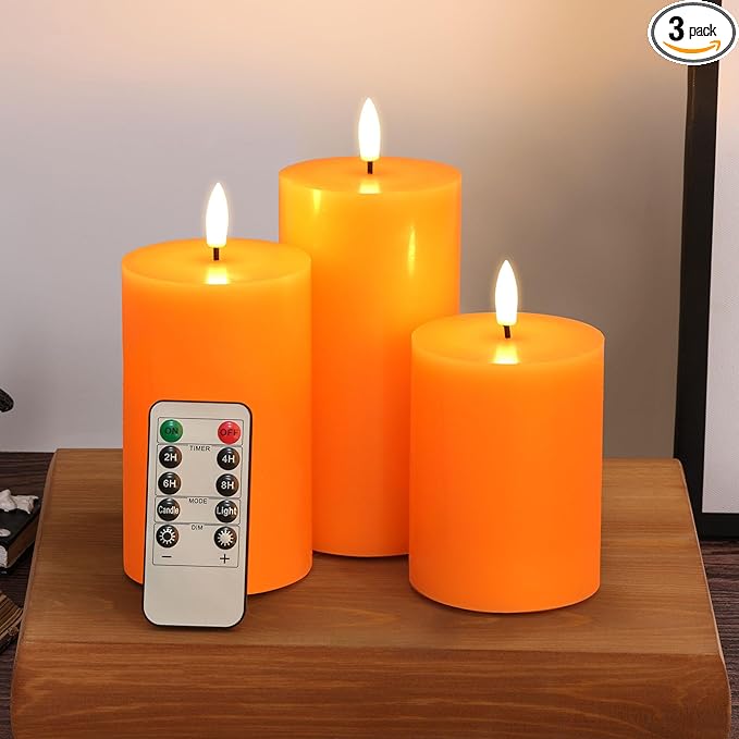 Eywamage Orange Halloween Flameless Pillar Candles with Remote, Real Wax Flickering Fall LED Candles Battery Operated Set of 3