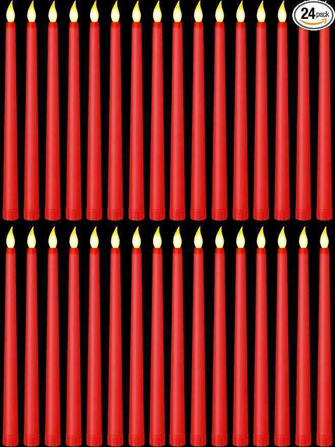 Treela 24 Pcs Flameless Taper Candles Battery Operated Bulk Fake 11 Inch Candles Light LED Candlesticks Flickering Tapered for Wedding Halloween Christmas Decoration(Red,Basic)