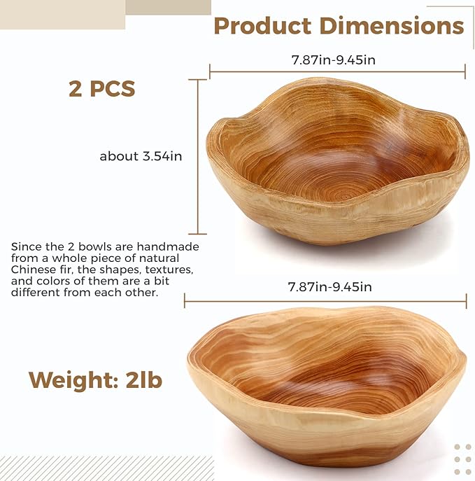 Varku 2PCS Decorative Wooden Bowls, Wood Fruit Bowls for Serving Fruits Candy Desserts, Creative Handmade Natural Wooden Pans, Rustic Wood Pans for Home Decor