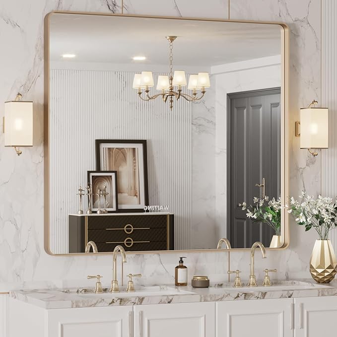 LOAAO 40”X36” Gold Bathroom Mirror, Rounded Rectangle Gold Frame Mirror, Brushed Gold Bathroom Vanity Mirror Wall-Mounted, Anti-Rust, Tempered Glass, Hangs Horizontally or Vertically