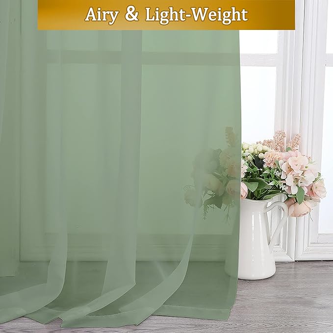 Aiyufeng Sage Green Curtains Sheer - Fresh Semi Sheer Window Covering, Light & Airy Privacy Sheer Panels for Bedroom Living Room Patio Glass Door, 40 inch Width x 54 inch Length, Set of 2
