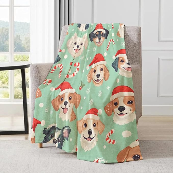 Cute Christmas Dog Blanket - Festive Puppy Santa Hat Fleece Throw,Gifts for Kids Adult, Soft & Warm,Lightweight, for Holiday Decor,Winter Celebration, and Room Home Accents 50x60in