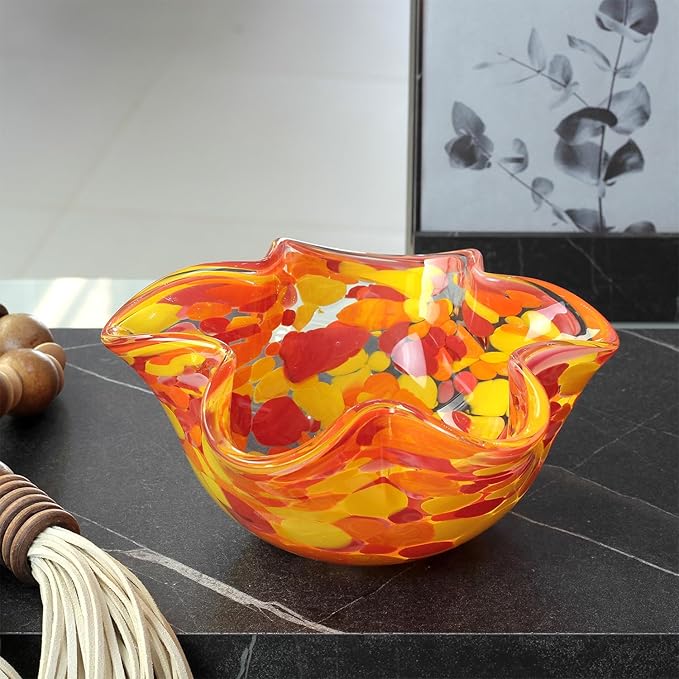 Ca D Oro Murano Style Decorative Orange Glass Bowl Confetti Effect Hand Blown Art Glass Crystal for Home, Room Decoration and Centerpiece - Waved