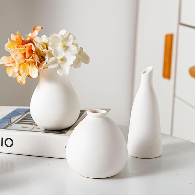 White Ceramic Bud Vase Set of 11, Small Vases for Pampas Grass, Flowers, Mini Vases for Modern Home Decor, Minimalist Decor, for Living Room, Dining Table & Shelves