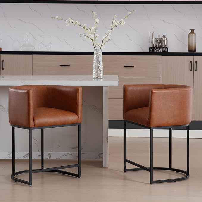 Modern Counter Height PU Leather Upholstered Bar Stools Set of 2, 24" Kitchen Counter Island Stools Bar Chairs with Black Metal Frame, Brown