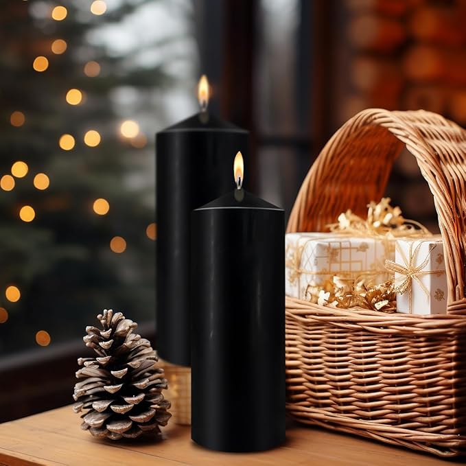 Emergency Candle, Hand Poured Pillar Candles Set of 2, 3x8 inches Unscented Large Black Candle, Smokeless Dripless and Non-Toxic Tall Candles Bulk for Power Outage Candles
