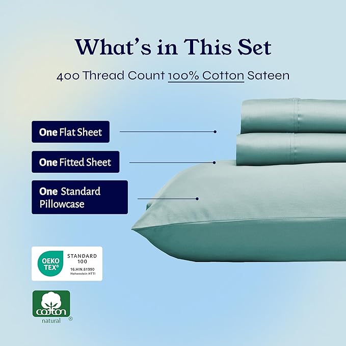 California Design Den Twin Sheets Set - Soft 400 Thread Count Sateen, Natural 100% Cotton Sheets with Deep Pockets, Cooling and Durable Bedding Set - Teal