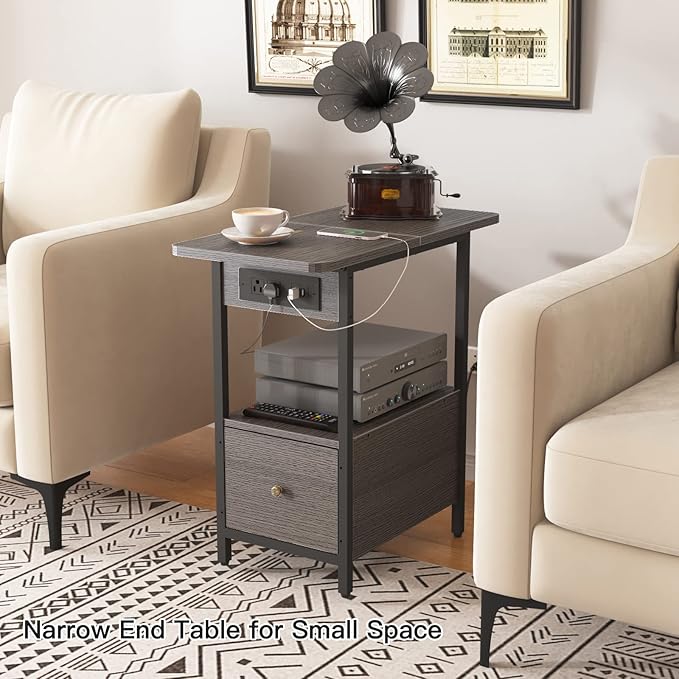 LIDYUK End Table with Charging Station, Narrow Side Table with Drawer and USB Ports & Power Outlets, Nightstand Bedside Tables for Small Spaces, Bedroom, Living Room, Dark Grey, Set of 2