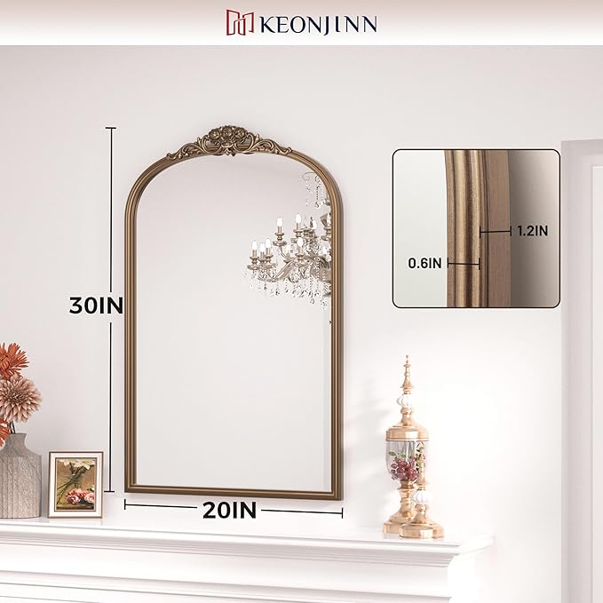 Keonjinn Vintage Gold Mirror 20" x 30", Arched Decorative Mirrors for Wall Decor, Antique Mirror Bathroom, Ornate Baroque Brass Mirror for Mantle, Entryway, Living Room, French Cleat Mounting