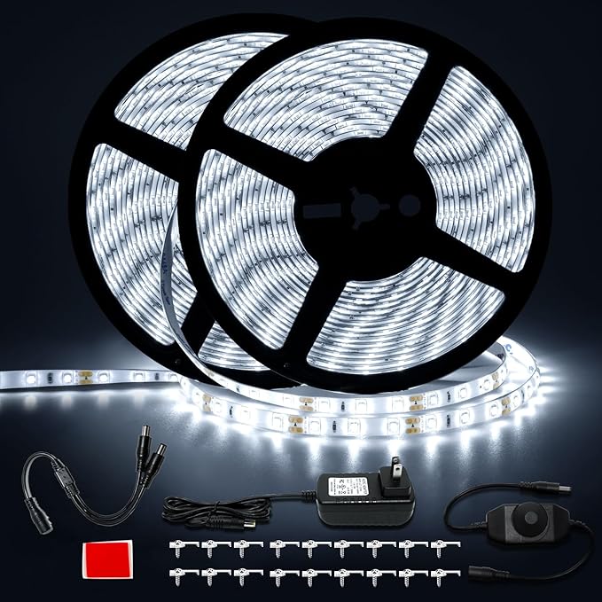 50ft Waterproof LED Strip Lights, 6000K Daylight White IP44 Tape Light, 15M 12V Rope Light Strong 3M Adhesive, for Home,Kitchen, Patio, Balcony, Party, Wedding, Indoor and Outdoor Decor