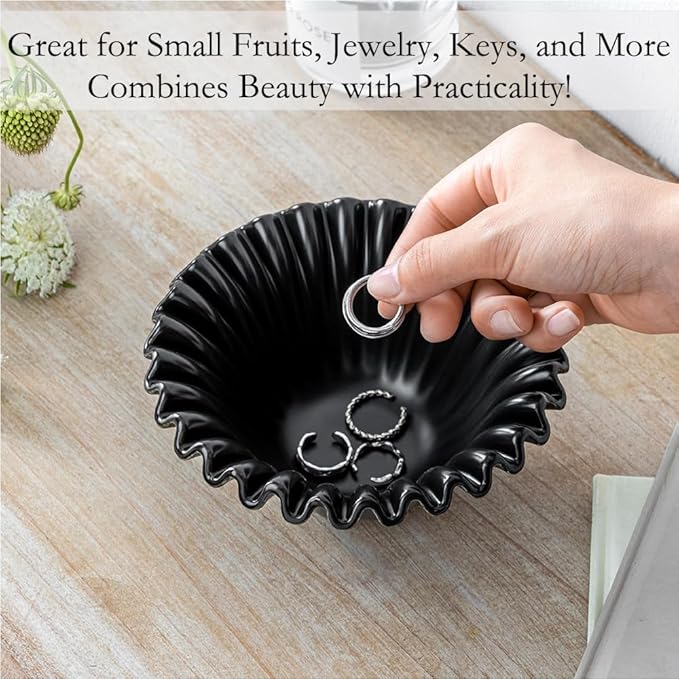 Decorative Bowl, HandCrafted Ruffle Flower Bowl Porcelain Vintage Ring Dish Floral Bowl for Home Decor Ruffle Centerpiece Bowl, Black (5.5 inch) Halloween