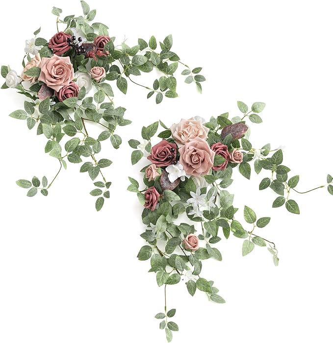 Ling's moment 2PCS Artificial Floral Swags Centerpieces Wedding Flower Rose Garland Greenery Arrangements for Sweetheart/Head Table Decor Wedding Car Wall Arch Garden Decor | Dusty Rose & Mauve