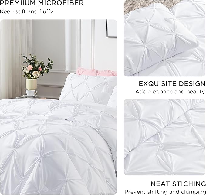 Andency White Oversized King Comforter Set (120x98Inch), 3 Pieces Lightweight Pinch Pleat Cal King Bedding Comforters & Sets, Oversized Pintuck Soft Fluffy Down Alternative Bed Set for All Season