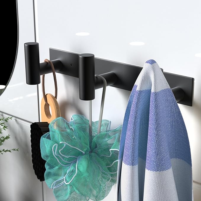VAEHOLD Black Hat and Coat Wall Mount Rack - 3 Hooks for Robes, Bags, Keys, and Towels - Bathroom Towel Hanger Organizer (2 Pack)