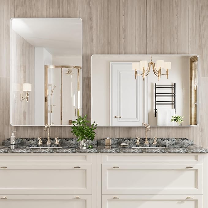White Bathroom Mirror 48x32 Inch, White Metal Framed Bathroom Mirror for Wall, Rounded Rectangle Matte Bathroom Vanity Mirror, Tempered Glass, Anti-Rust, Horizontal/Vertical