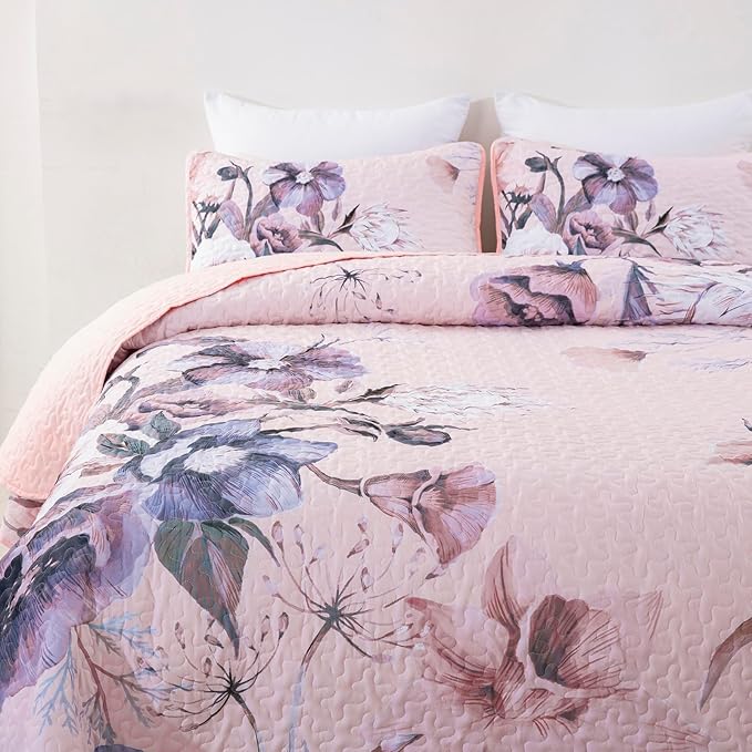 Floral Quilt Set Queen 3 Pieces Pink Floral Quilt Coverlet Set Soft Microfiber Lightweight Pink Quilted Bedspread for All Season 90"x96"