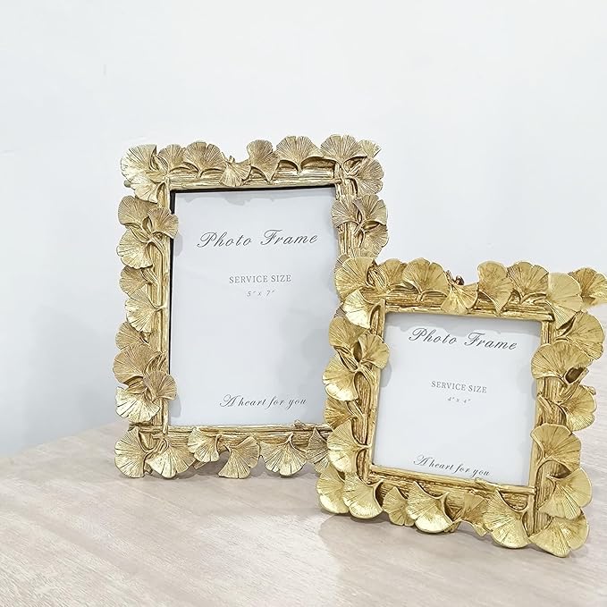 LONG XIN 1PCS 5X7 Inch Ginkgo Leaves Decoration Photo Frame Vintage Photo Frame Resin Picture Frame for Home Decor Old Fashioned Gorgeous Photo Gallery Art Decor (Gloden)