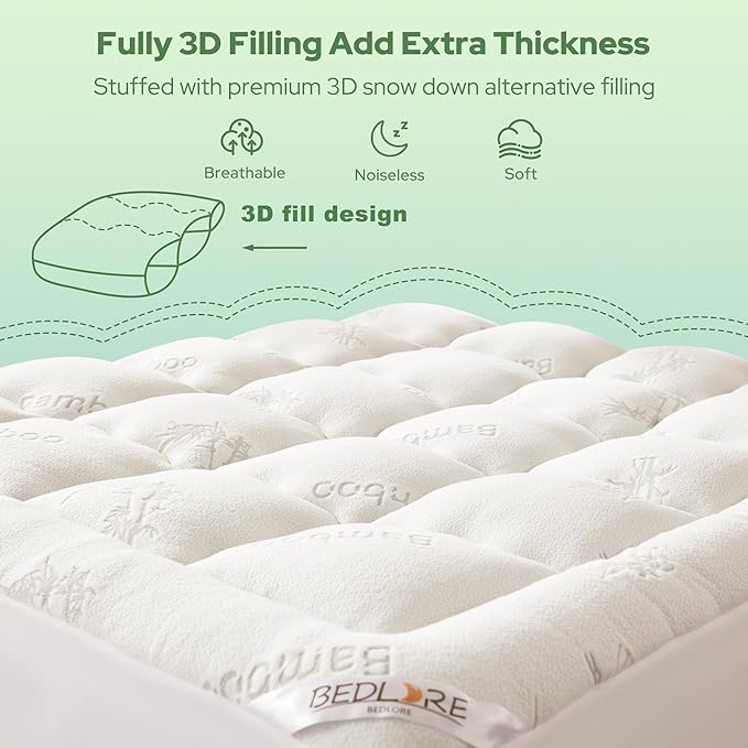 BEDLORE Queen Mattress Topper Viscose Derived from Bamboo, Thick Pillow Top Mattress Pad with Stretchable Pockets for 6-18 inches Mattress, Soft Breathable Mattress Topper for Back Pain Relief