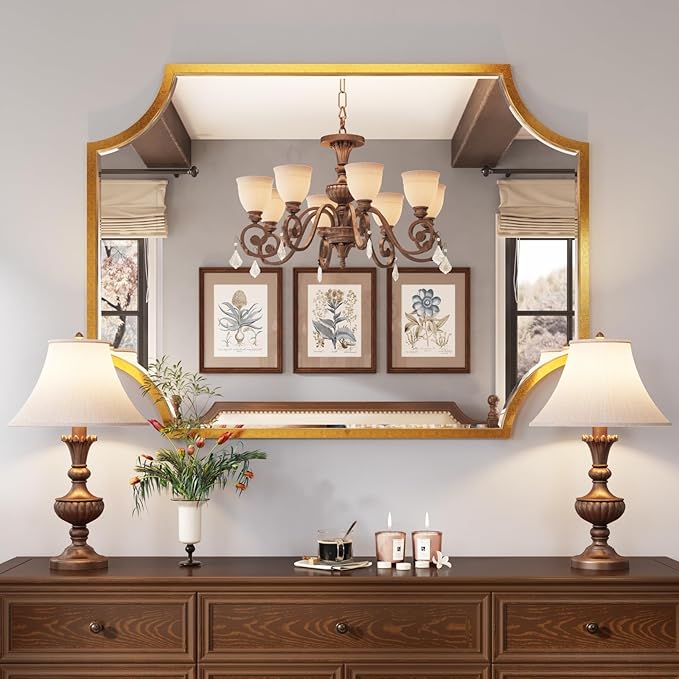 Kelly Miller 30"x40" Large Gold Bathroom Mirror for Wall, Gold Scalloped Vanity Mirror Bevelled Framed Decorative Mirror for Master Bath Half Bath Entrance Hallway Bedroom Living Room Fireplace Mantle