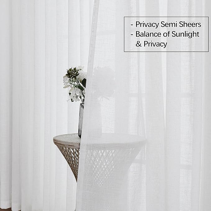 White Sheer Linen Pinch Pleated Sliding Door Curtains, 2x50 Inches Width, Cotton Look Light Filtering Drapes 102 Inches Long, Soft Textured Farmhouse Floor to Ceiling Window Curtain Panels