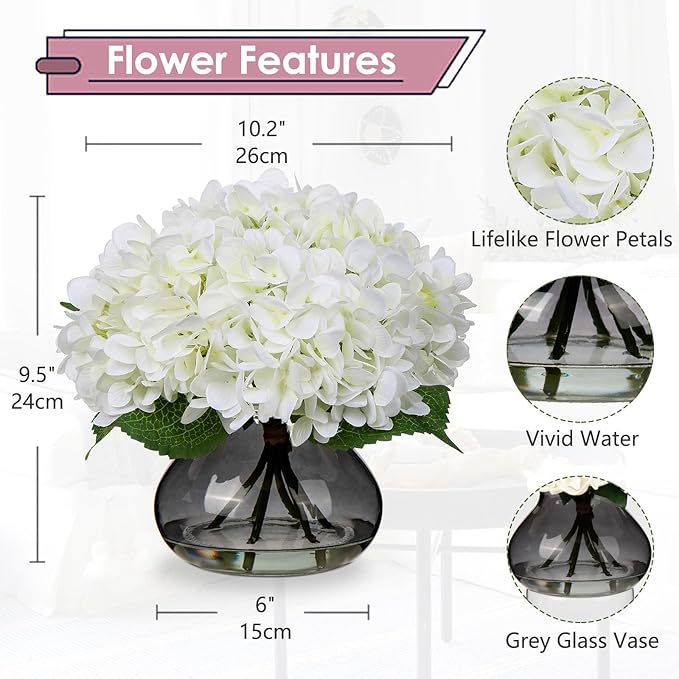 Hollyone Hydrangea Artificial Flowers with Glass Vase White Silk Faux Flowers Arrangements with Faux Water Fake Floral Bulk Bouquet for Home Decor Table Centerpiece Decorations