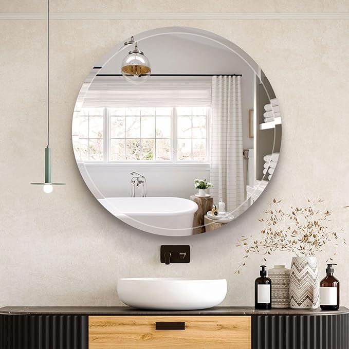 30" Frameless Round Beveled Mirror, 1" Polished Edge Beveled Circle Bathroom Mirror for Wall, Vanity, Entryways