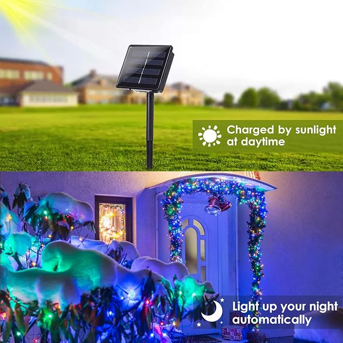 (Warm White ⇋ Multicolor) Solar Christmas String Lights Outdoor, 2-Pack 80FT 200 LED Waterproof Copper Wire, Solar Twinkle Lights with 8 Modes Solar Fairy Light for Tree Garden Wedding Christmas Decor