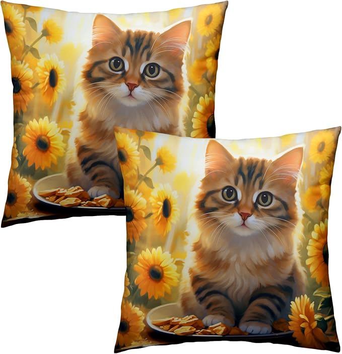 Cute Cat Sunflower Pillow Covers - Sunflowers Throw Pillow Cases 16x16 Inch Set of 2 Kitten Pet Cushion Cover for Couch Bedroom Indoor Outdoor