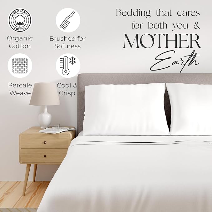 SUPREME ELEGANCE 100% Organic Cotton Percale Full Sheet Set – Crisp & Breathable Cooling Cotton Bedding, Deep Pocket Fits up to 18″, Soft & Durable, Snow White, 4-Piece Set