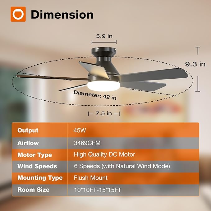 addlon Ceiling Fans with Lights, 42 Inch Low Profile Ceiling Fan with Light and Remote Control, Flush Mount, Reversible, 3CCT, Dimmable, Quiet, Black Small Ceiling Fan for Bedroom Indoor/Outdoor Use
