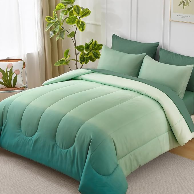 King Size Comforter Set - 7 Pieces Soft Sage Green Bed in a Bag with Fitted Sheet, Flat Sheet, 2 Pillow Shams, and 2 Pillowcases - Warm Bed Set for All Season